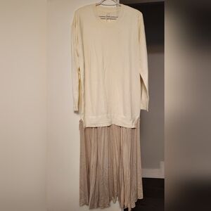 Anthropologie Pleated Twofer Sweater Midi Dress, Cream/Champagne, Size US M